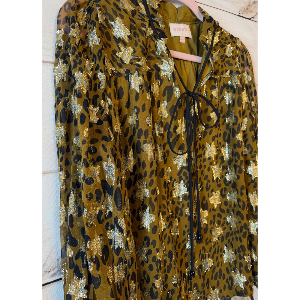 Ciebon Womens Leopard Gold Metallic Star Tie Neck Blouse Green Black Size M - Picture 2 of 5